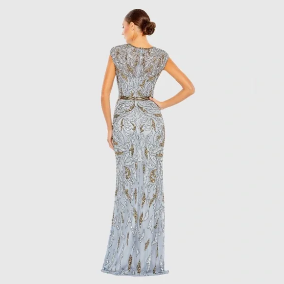 Mac Duggal Blue and Gold Maxi Dress